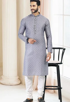 Digital Printed Cotton Kurta Set in Grey