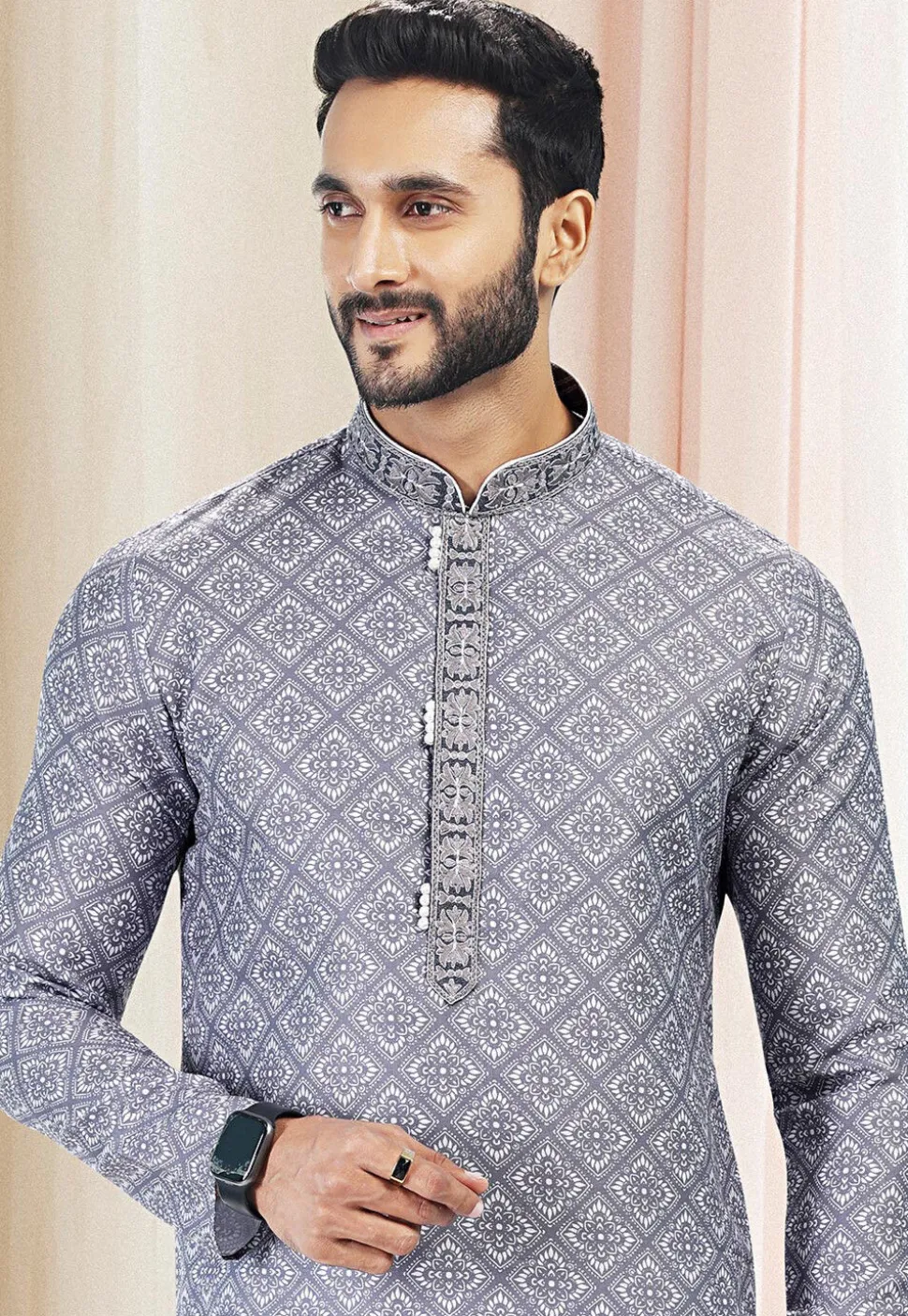 Digital Printed Cotton Kurta Set in Grey
