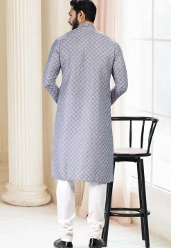 Digital Printed Cotton Kurta Set in Grey