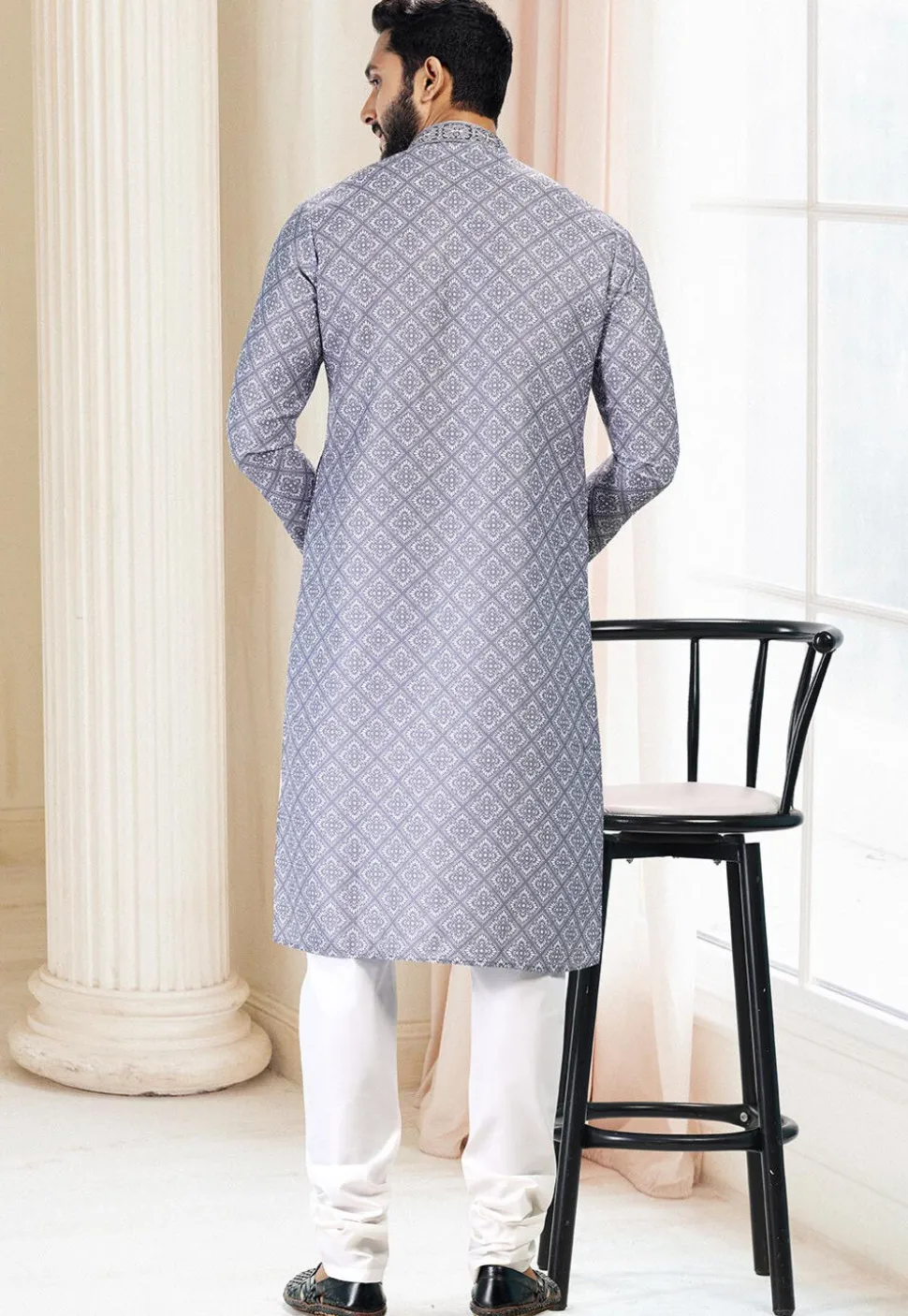 Digital Printed Cotton Kurta Set in Grey