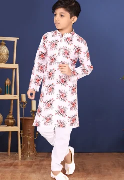 Digital Printed Cotton Kurta Set in Off White