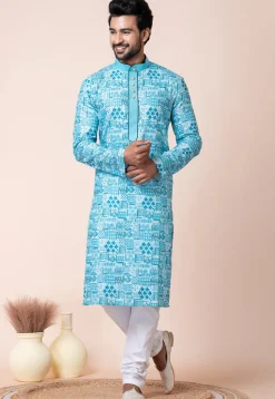 Digital Printed Cotton Kurta Set in Blue