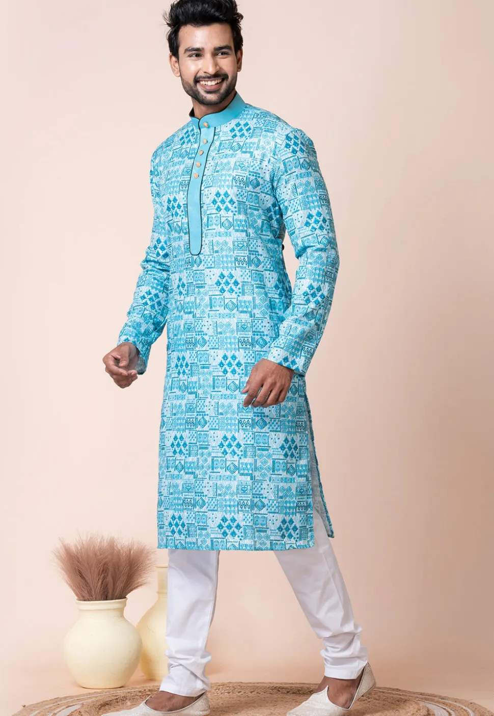 Digital Printed Cotton Kurta Set in Blue