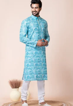 Digital Printed Cotton Kurta Set in Blue