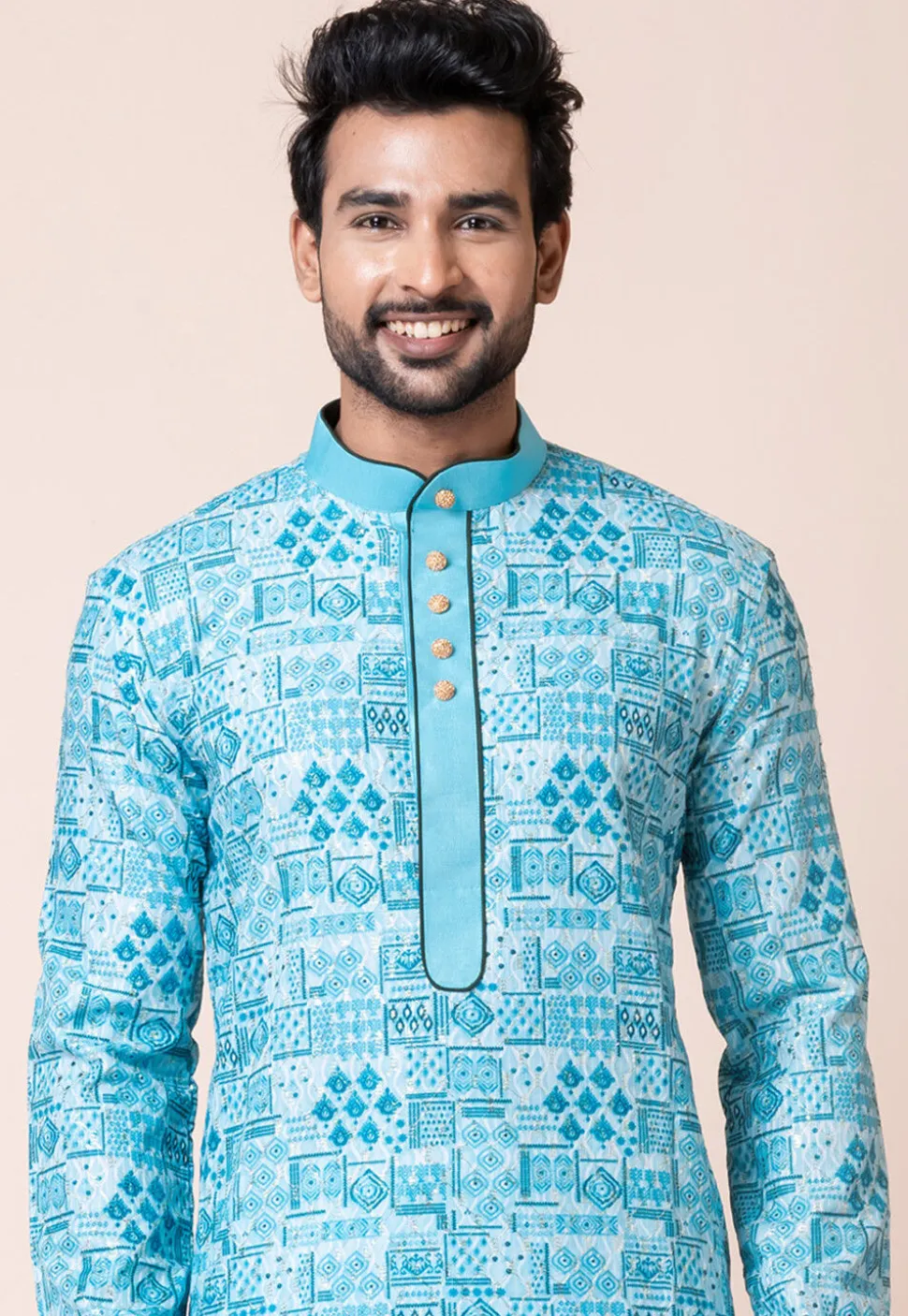 Digital Printed Cotton Kurta Set in Blue