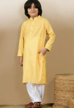 Digital Printed Cotton Kurta Set in Yellow