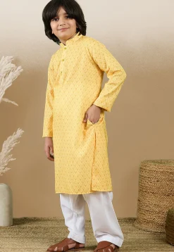 Digital Printed Cotton Kurta Set in Yellow