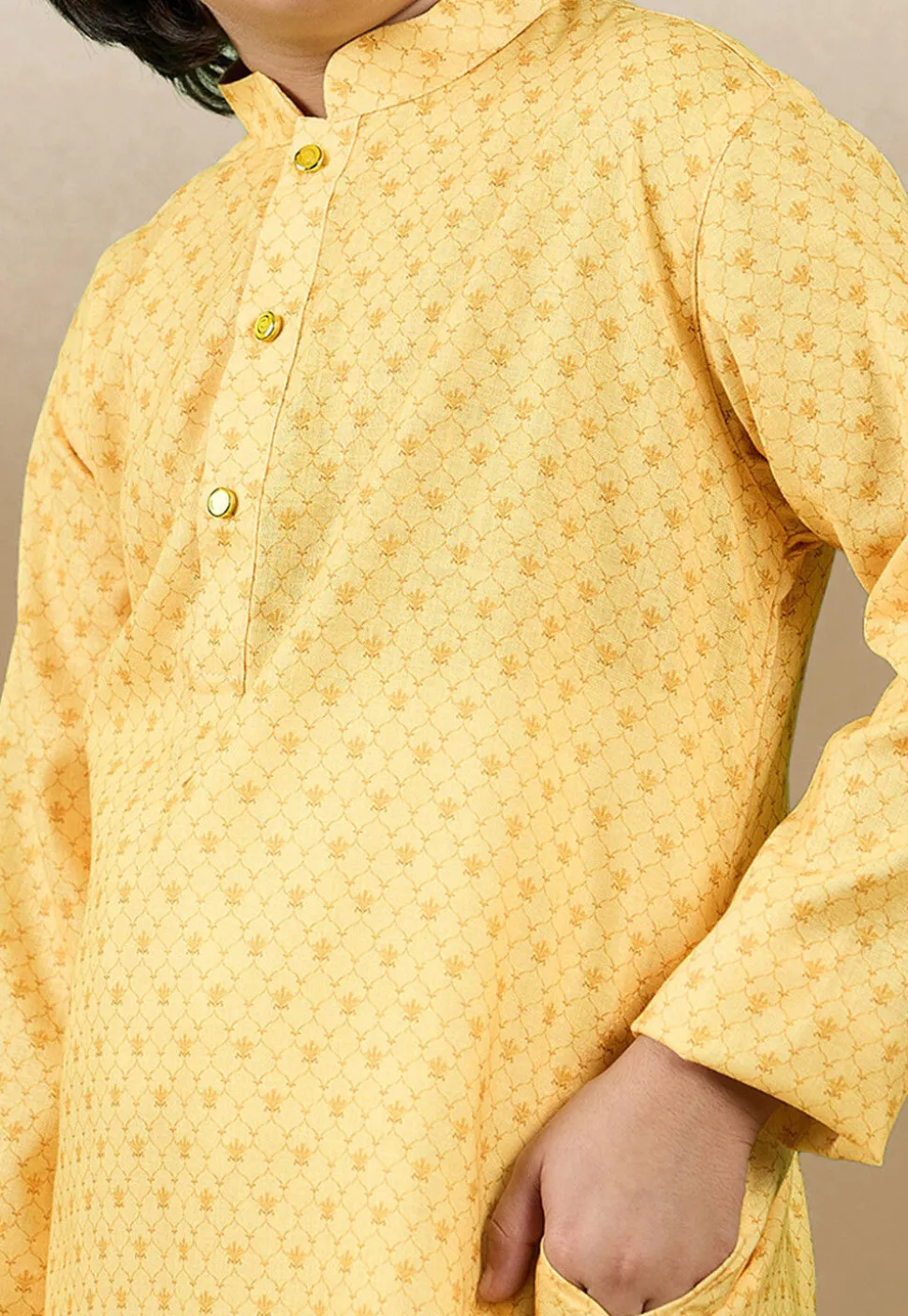 Digital Printed Cotton Kurta Set in Yellow