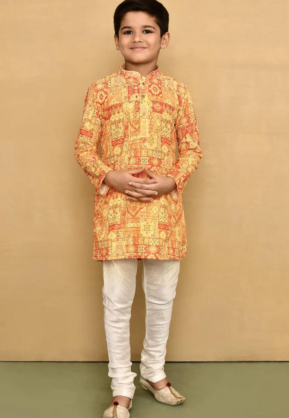 Digital Printed Cotton Kurta Set in Yellow