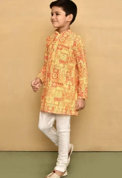 Digital Printed Cotton Kurta Set in Yellow