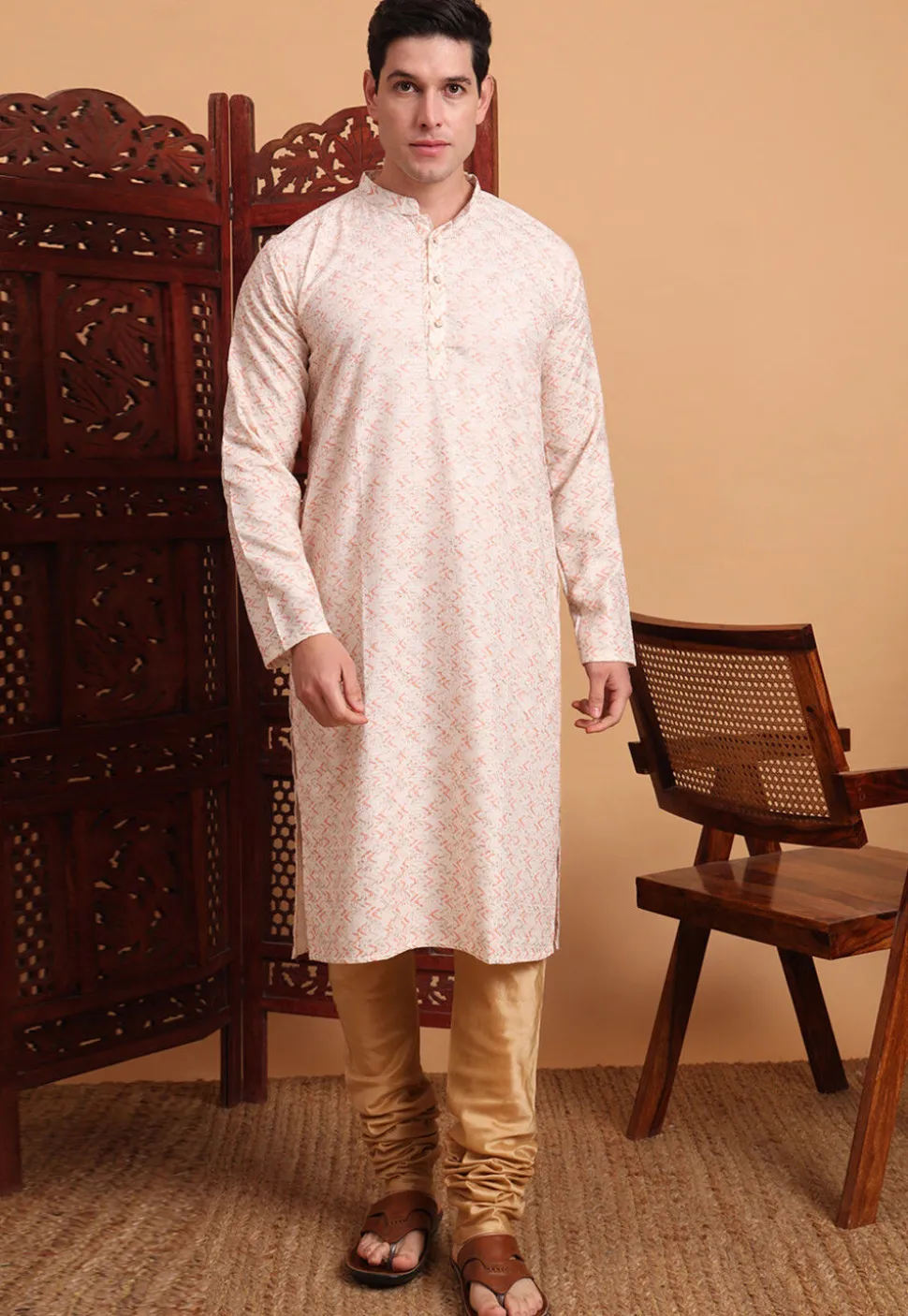 Digital Printed Cotton Kurta in Peach