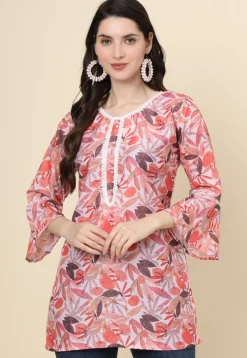 Digital Printed Cotton Kurti in Peach