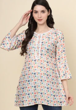 Digital Printed Cotton Kurti in Off White