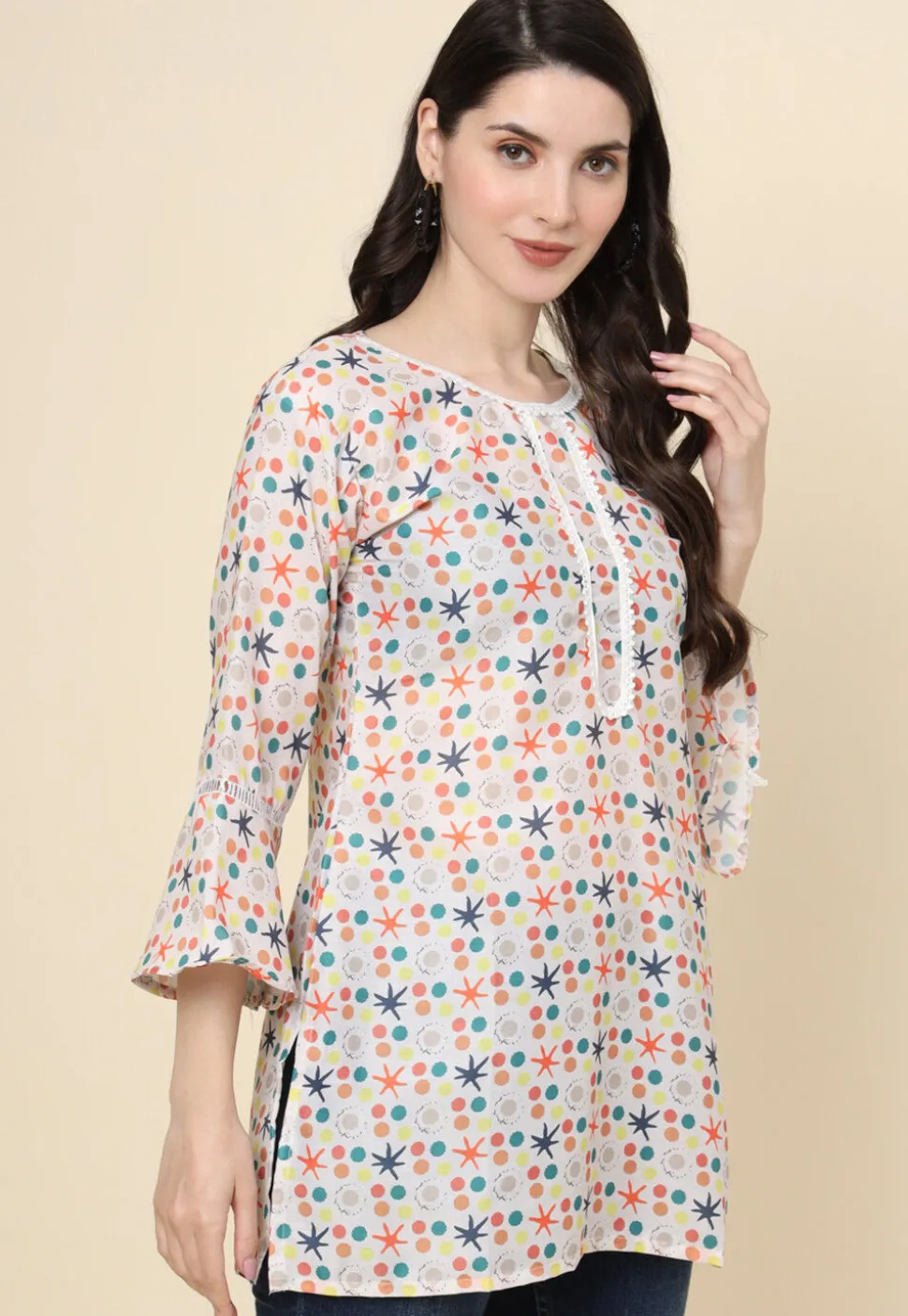 Digital Printed Cotton Kurti in Off White