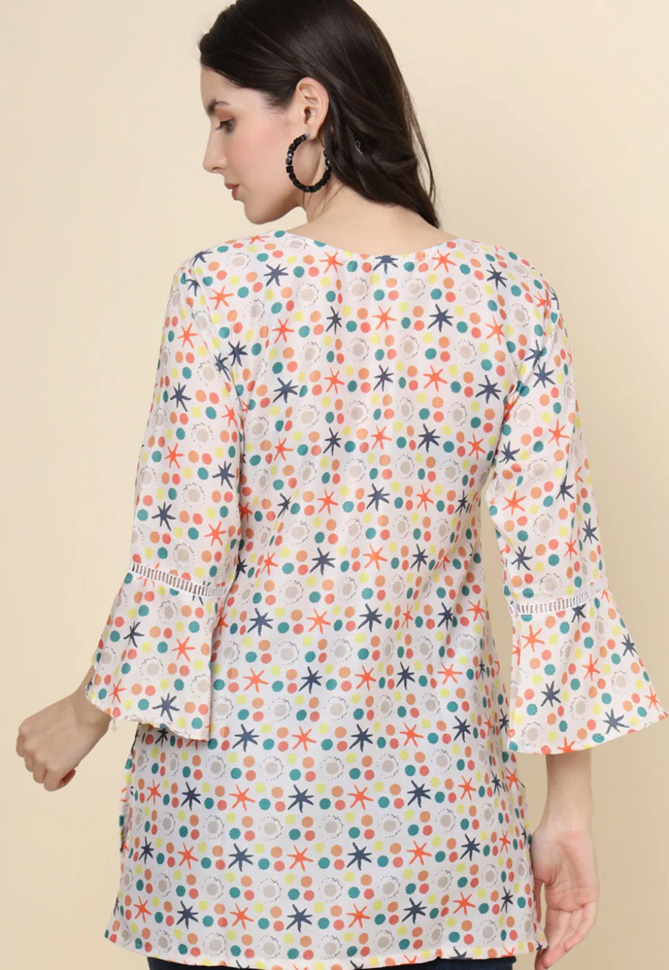Digital Printed Cotton Kurti in Off White