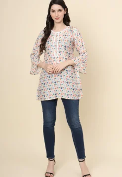 Digital Printed Cotton Kurti in Off White