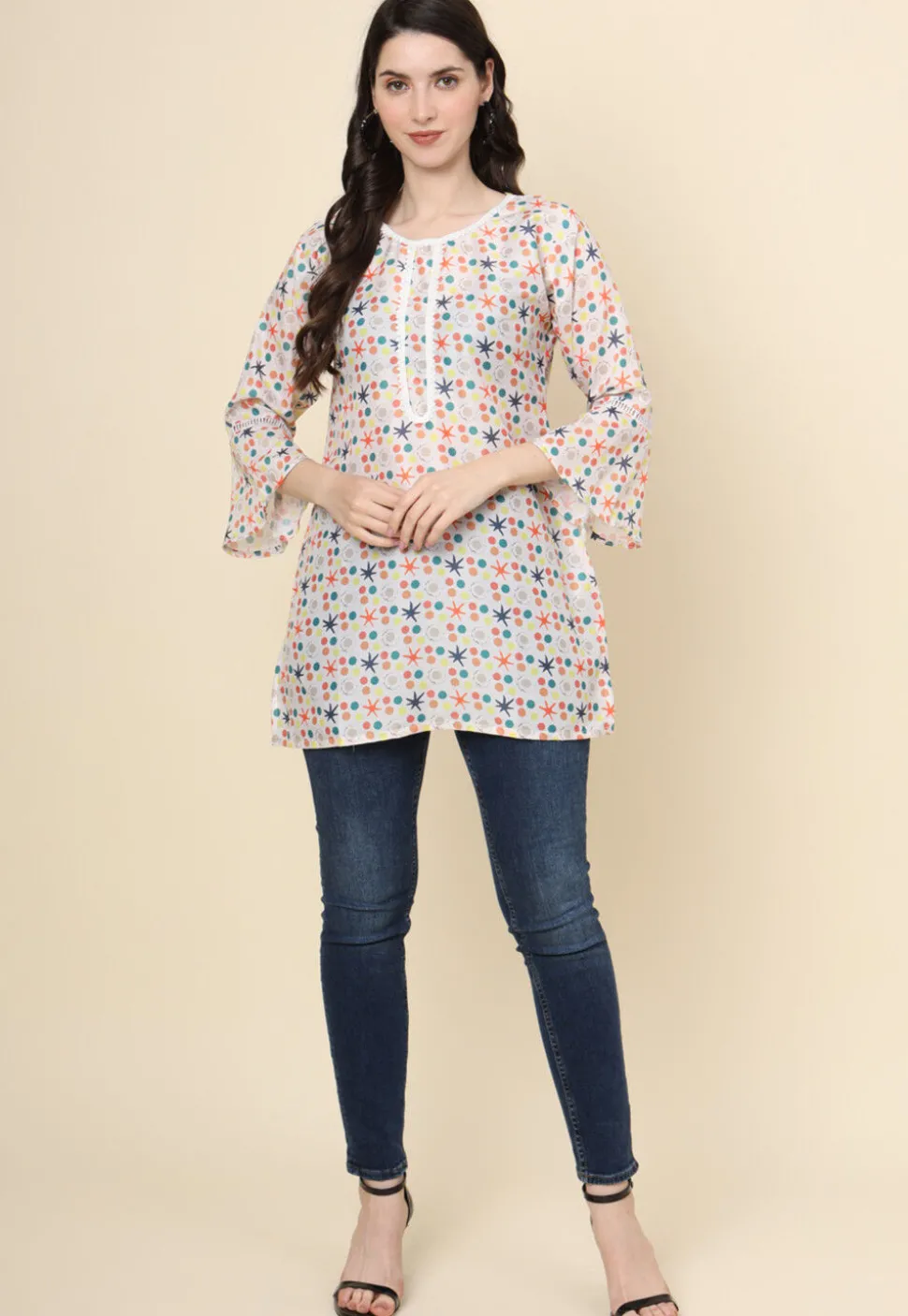 Digital Printed Cotton Kurti in Off White