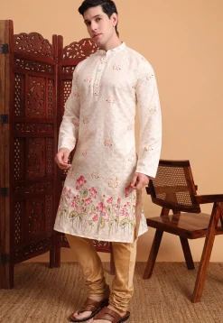 Digital Printed Cotton Kurta in Cream