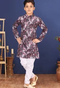 Digital Printed Cotton Kurta Set in Grey