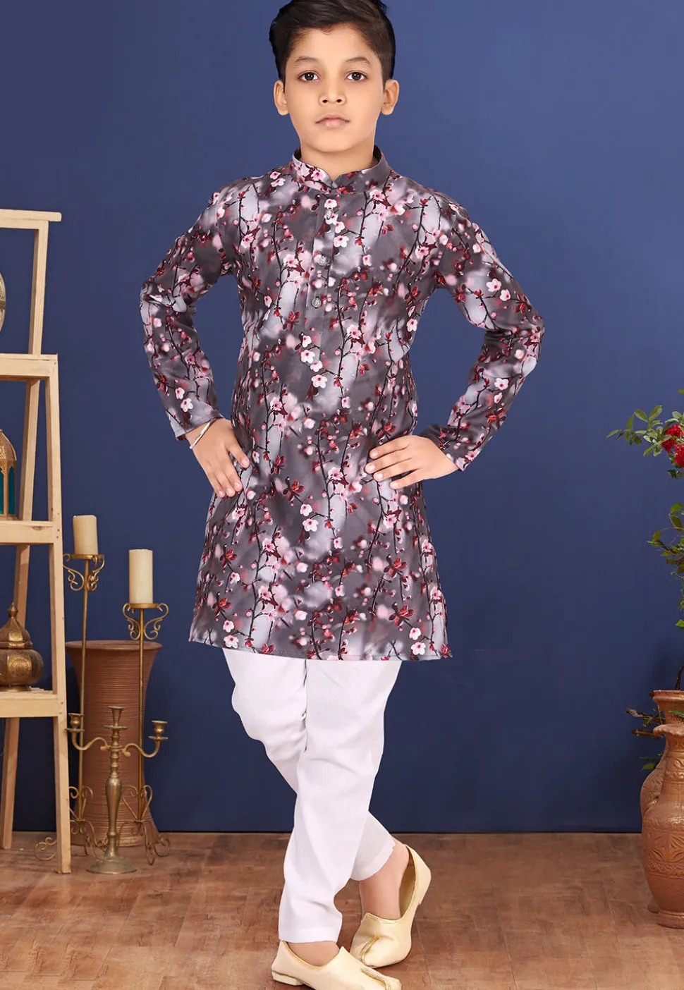 Digital Printed Cotton Kurta Set in Grey
