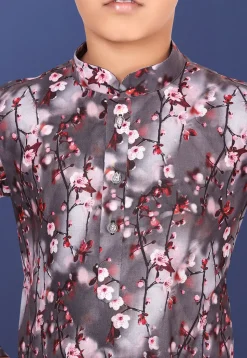 Digital Printed Cotton Kurta Set in Grey