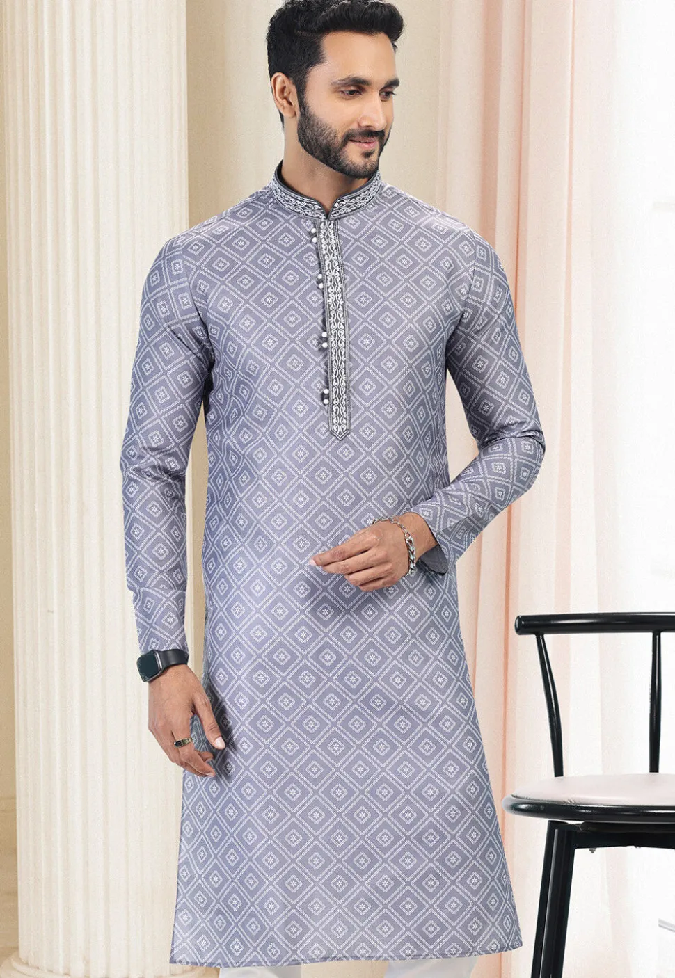 Digital Printed Cotton Kurta in Grey
