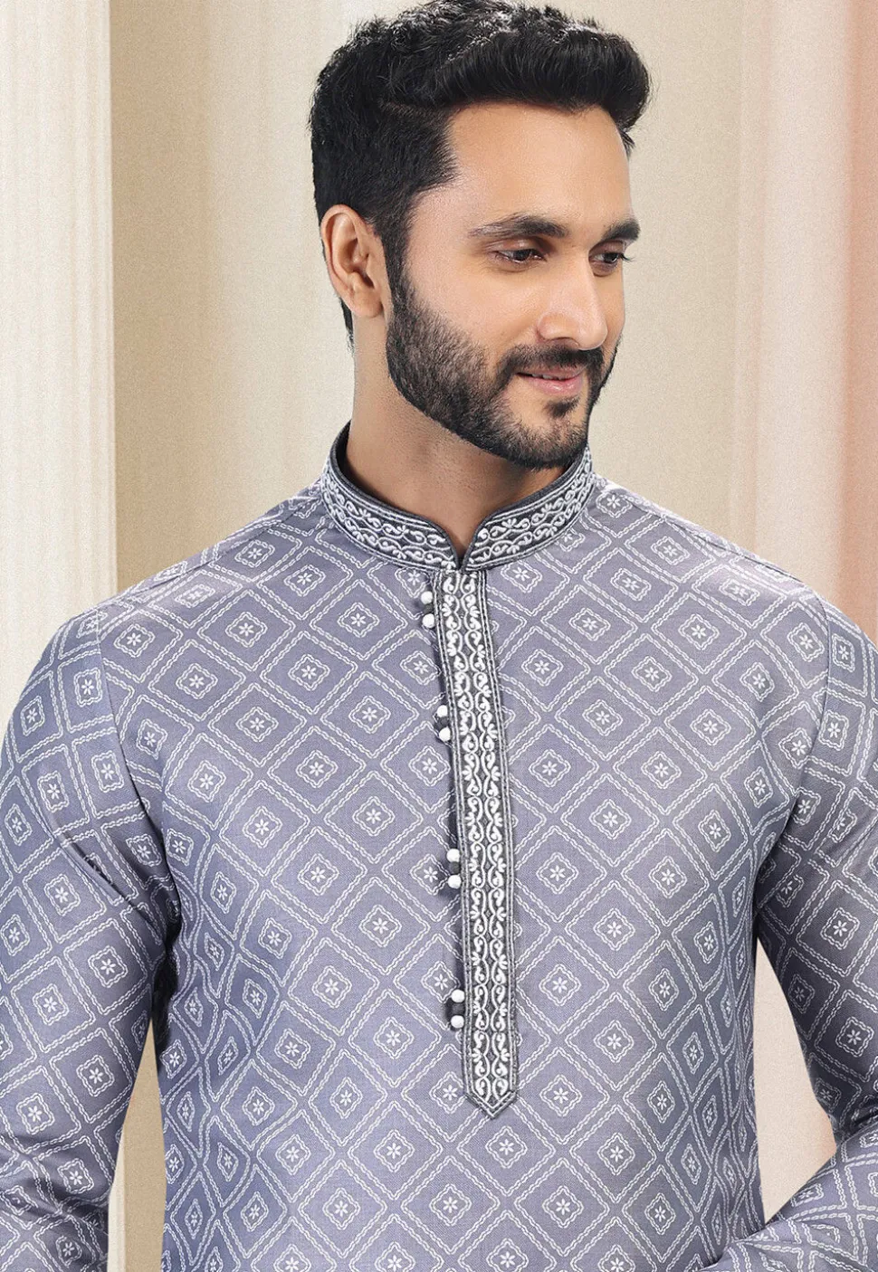 Digital Printed Cotton Kurta in Grey