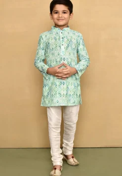 Digital Printed Cotton Kurta Set in Light Green