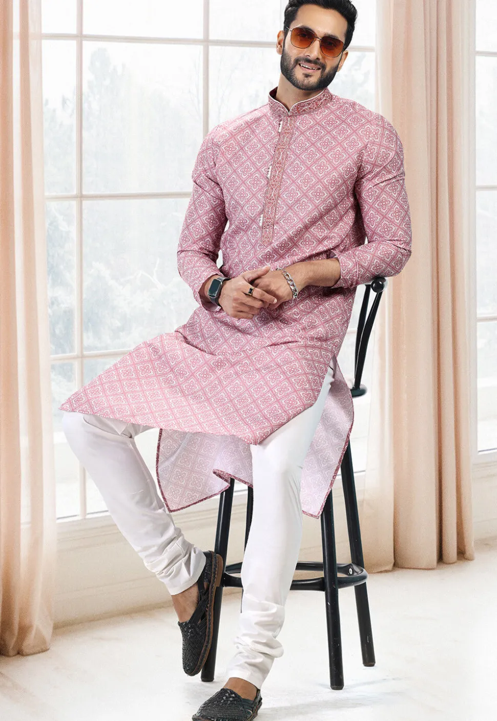 Digital Printed Cotton Kurta in Pink