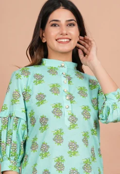Digital Printed Cotton Kurti in Turquoise