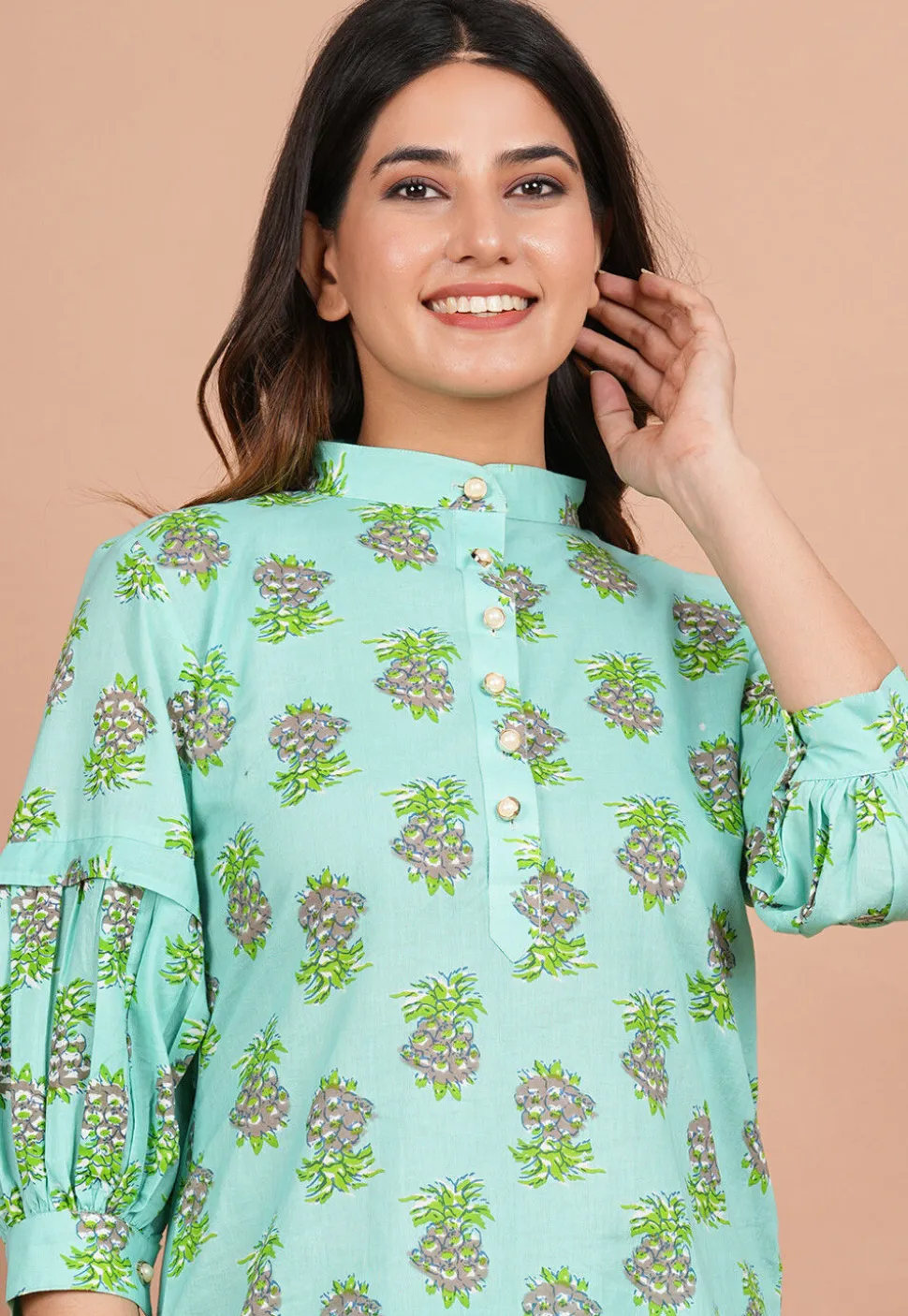 Digital Printed Cotton Kurti in Turquoise