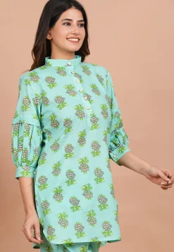 Digital Printed Cotton Kurti in Turquoise