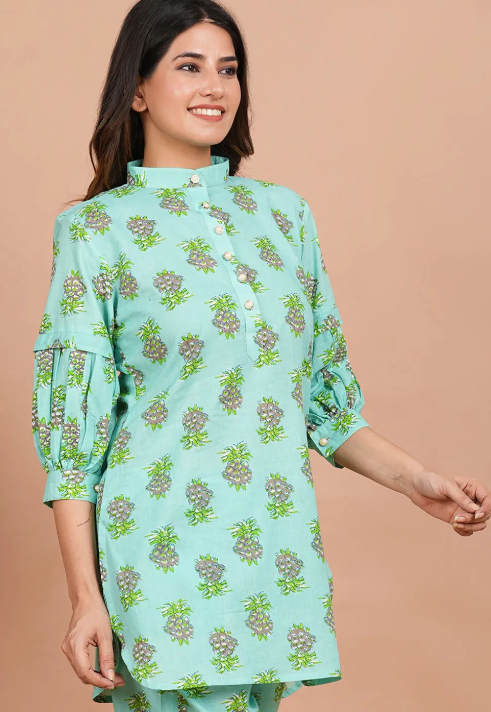 Digital Printed Cotton Kurti in Turquoise