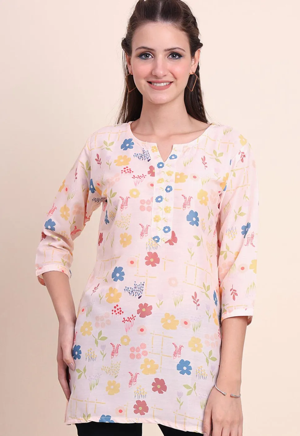 Digital Printed Cotton Kurti in Peach