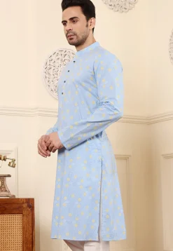 Digital Printed Cotton Kurta in Sky Blue