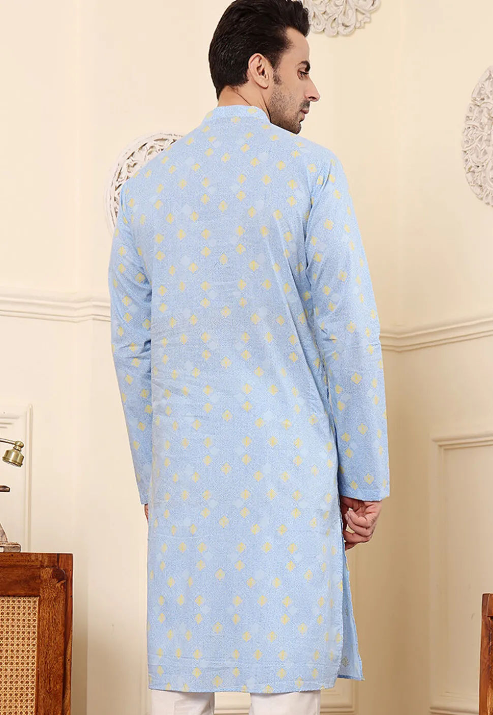Digital Printed Cotton Kurta in Sky Blue