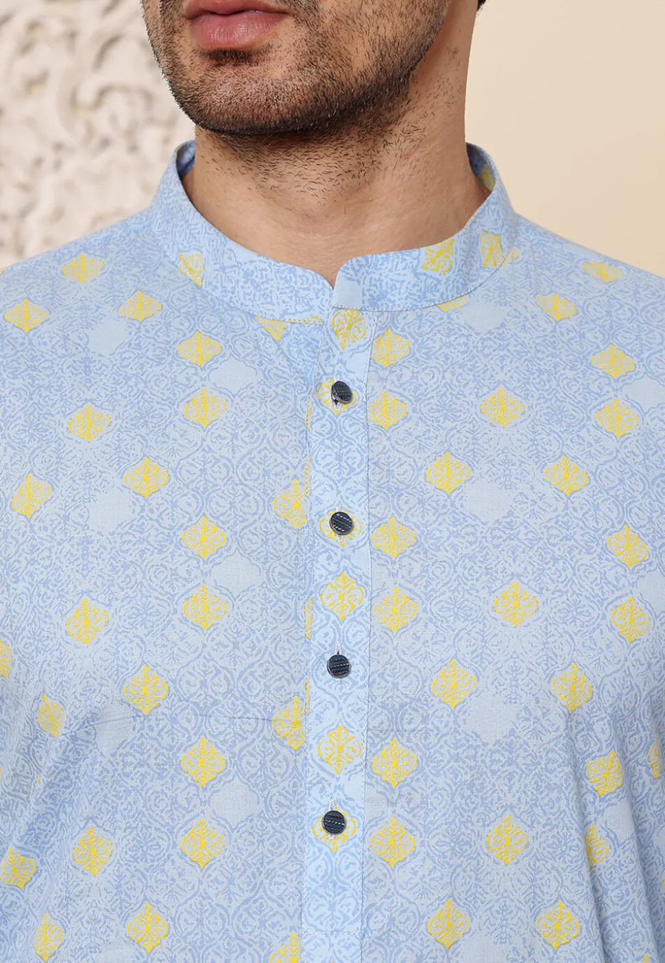 Digital Printed Cotton Kurta in Sky Blue