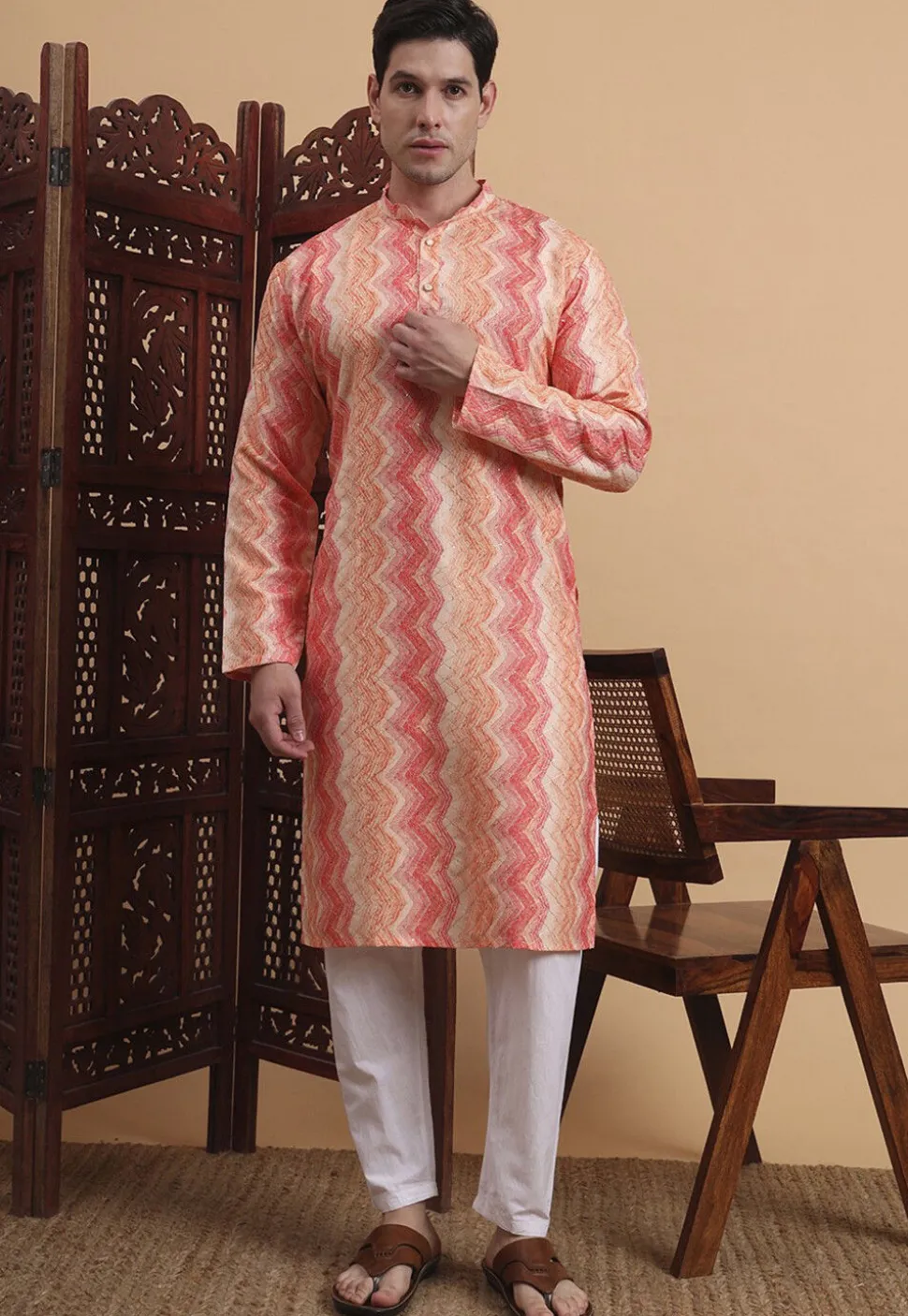 Digital Printed Cotton Kurta in Peach