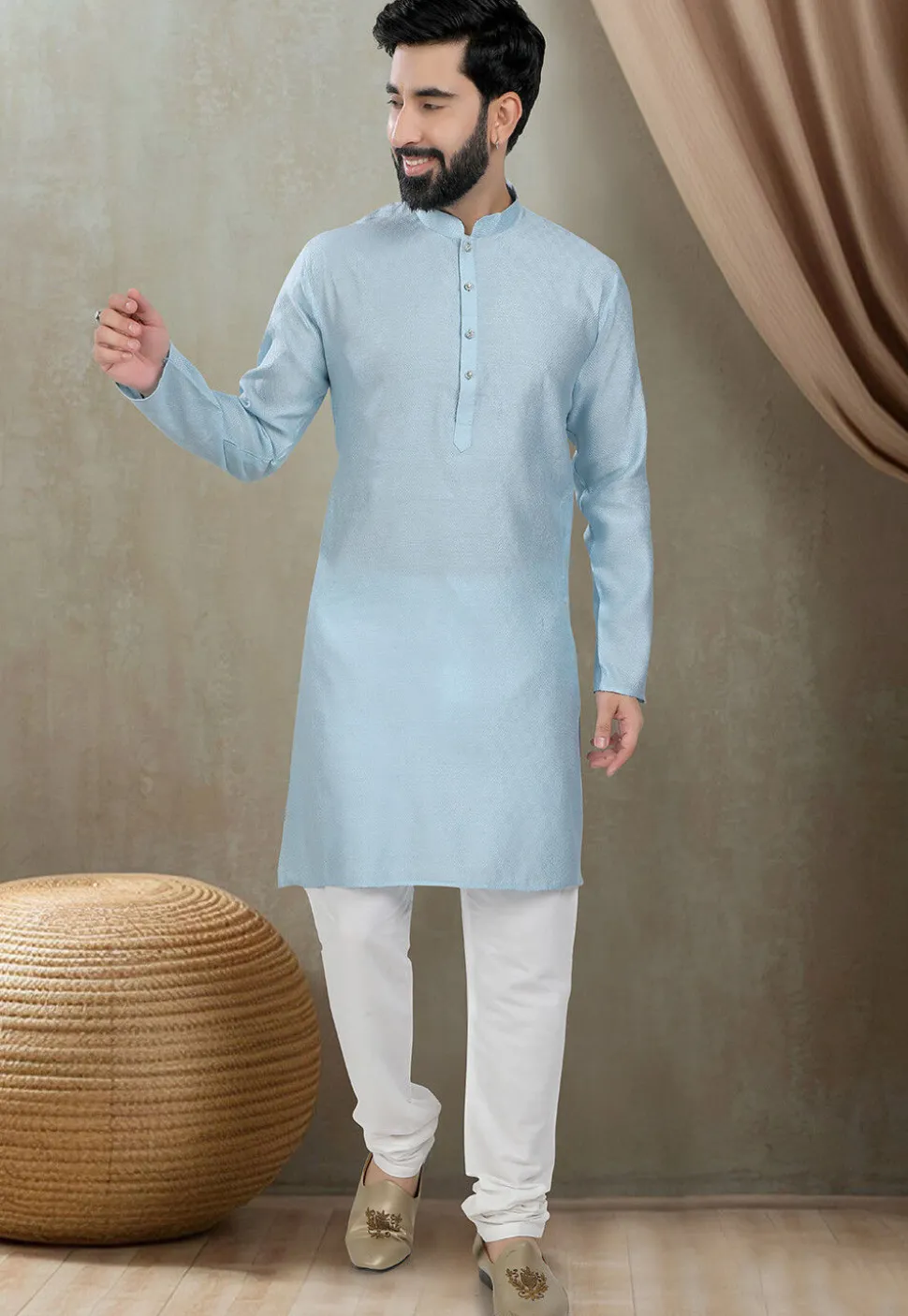 Digital Printed Cotton Kurta Set in Light Blue