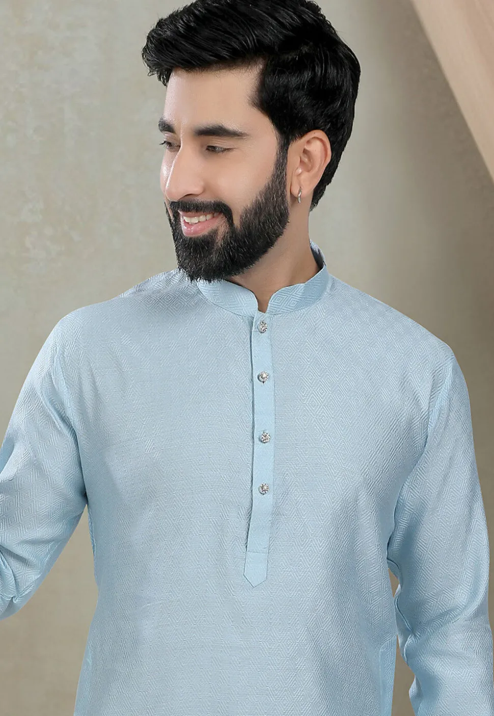 Digital Printed Cotton Kurta Set in Light Blue