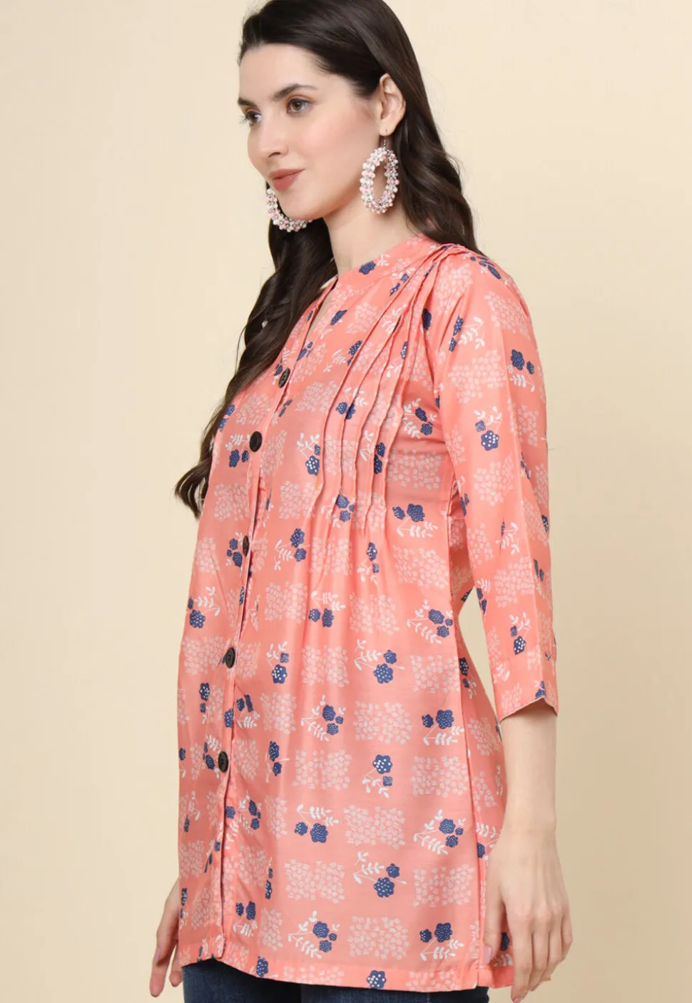 Digital Printed Cotton Kurti in Peach