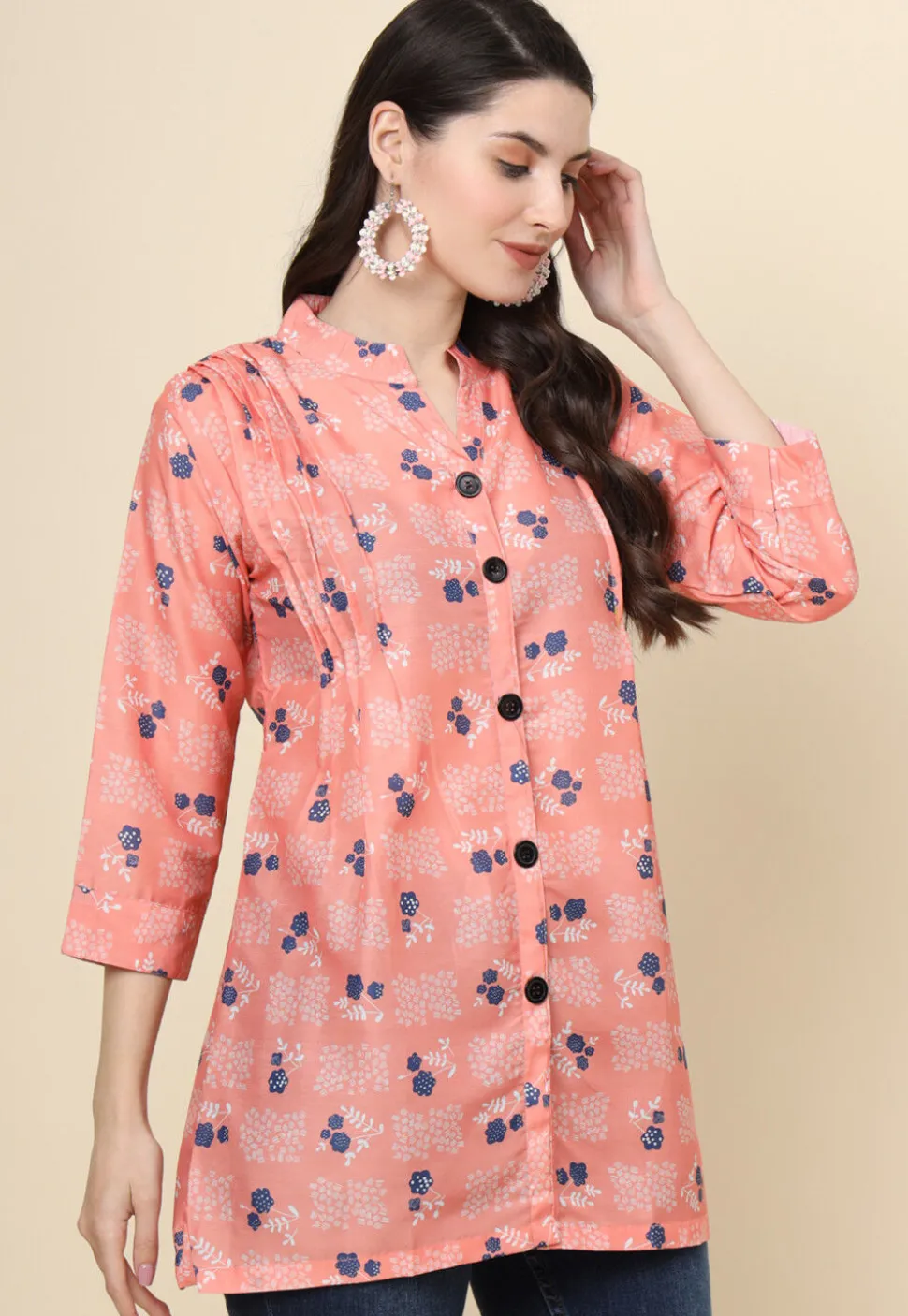 Digital Printed Cotton Kurti in Peach