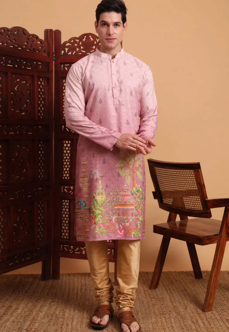 Digital Printed Cotton Kurta in Pink