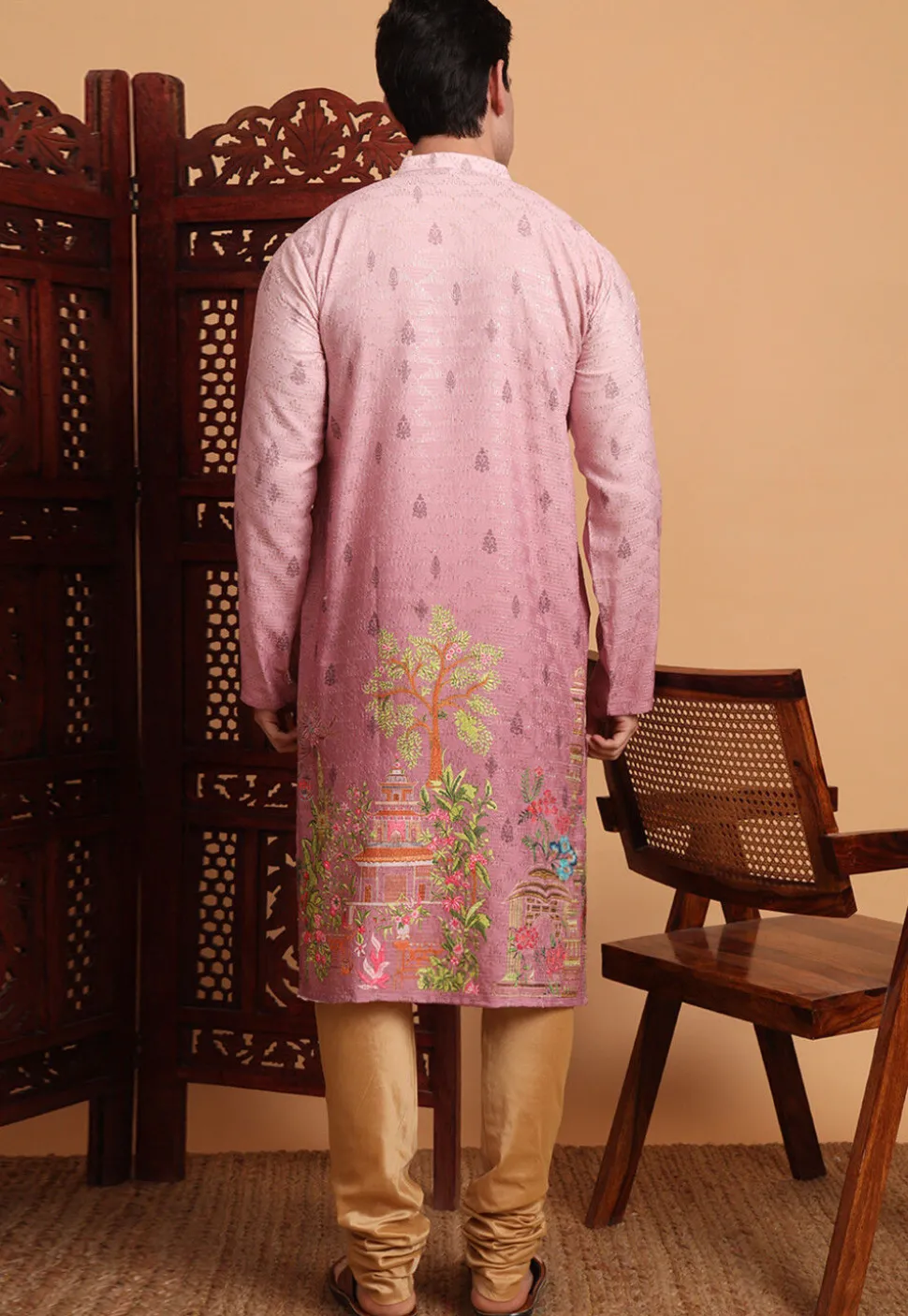 Digital Printed Cotton Kurta in Pink