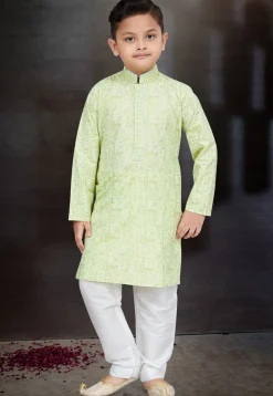 Digital Printed Cotton Kurta Set in Light Green