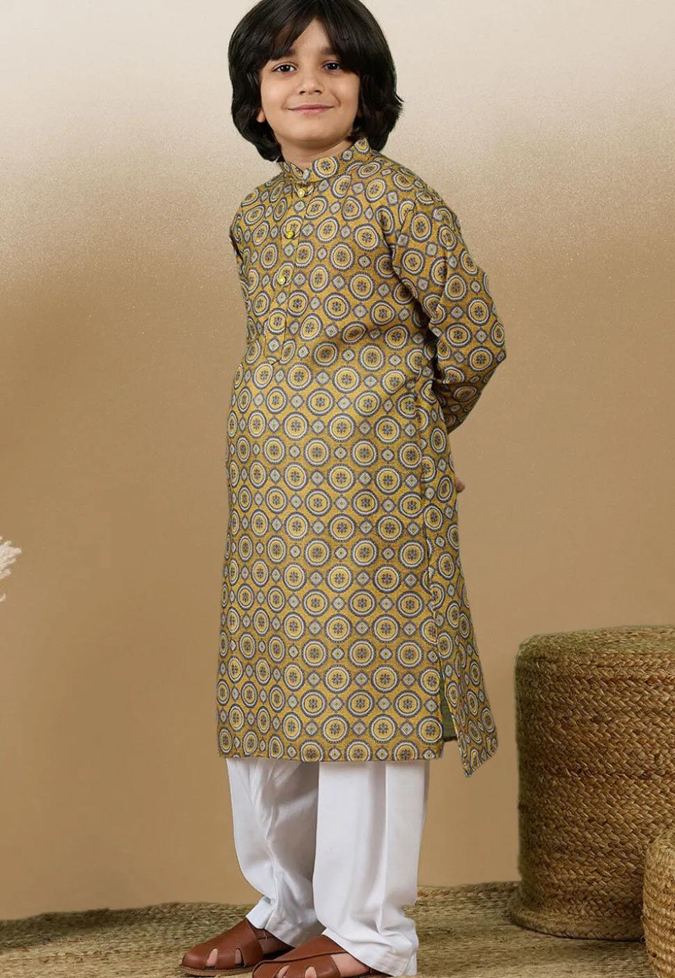 Digital Printed Cotton Kurta Set in Mustard