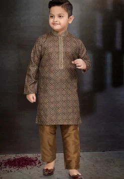 Digital Printed Cotton Kurta Set in Brown