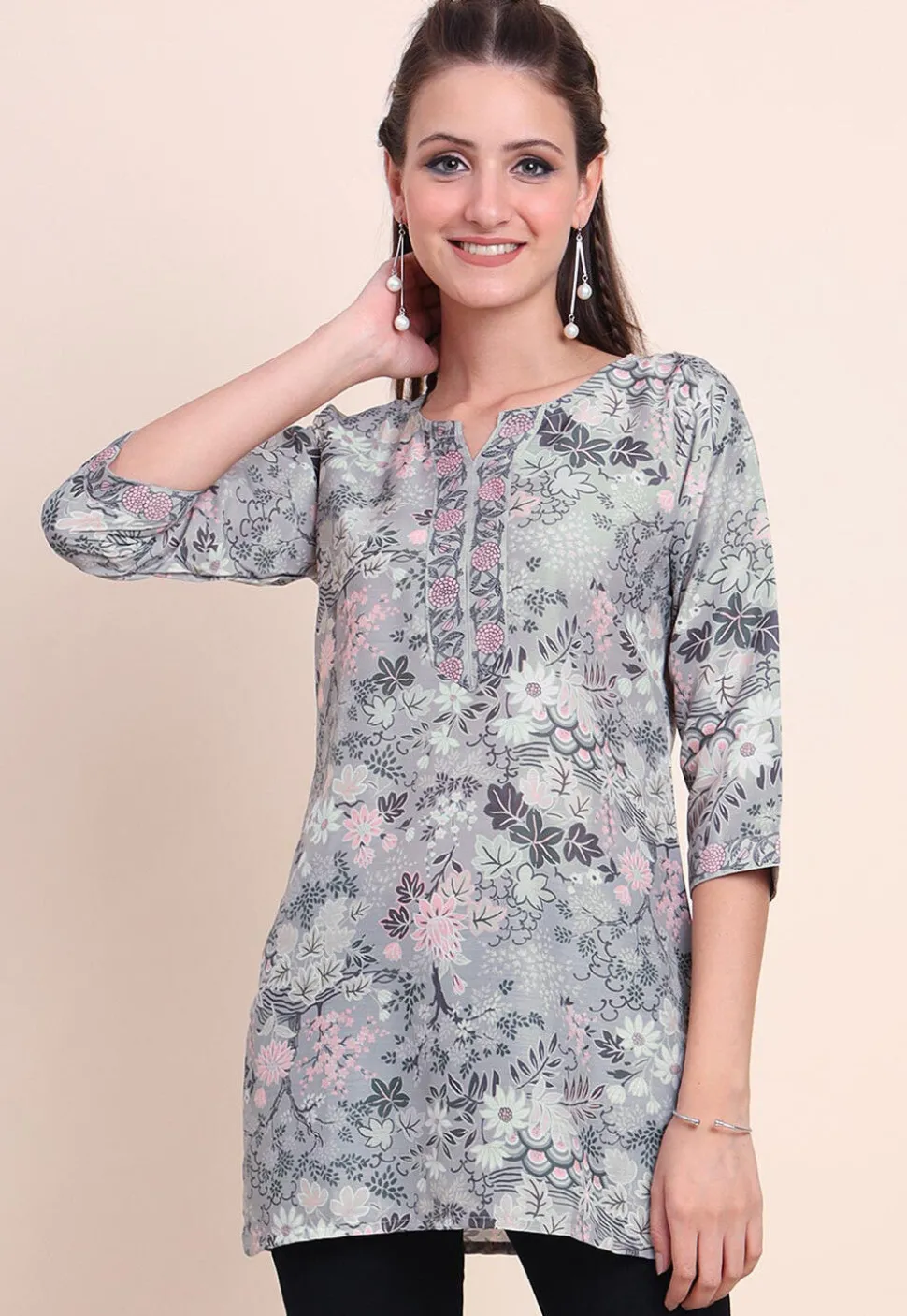 Digital Printed Cotton Kurti in Grey