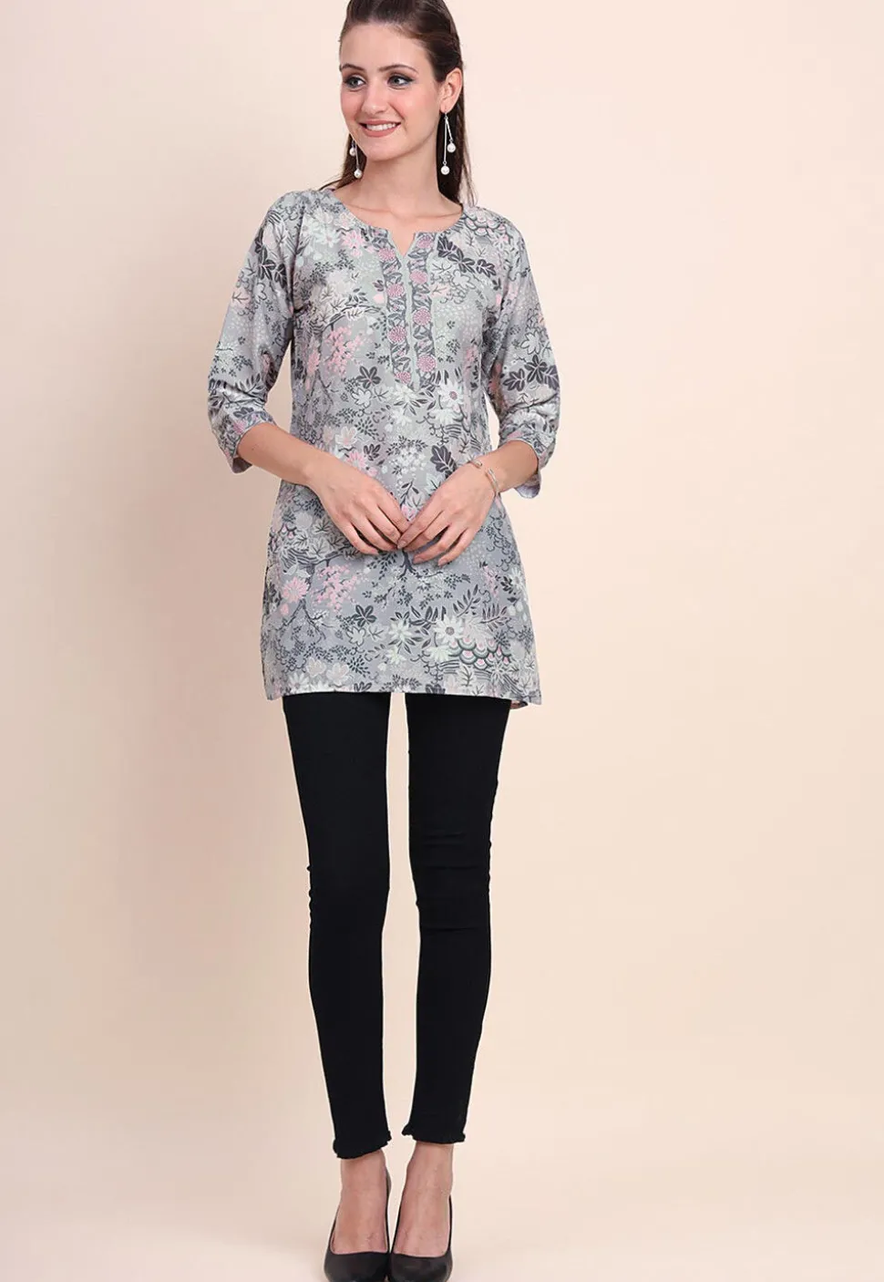 Digital Printed Cotton Kurti in Grey