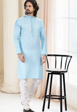 Digital Printed Cotton Kurta Set in Sky Blue